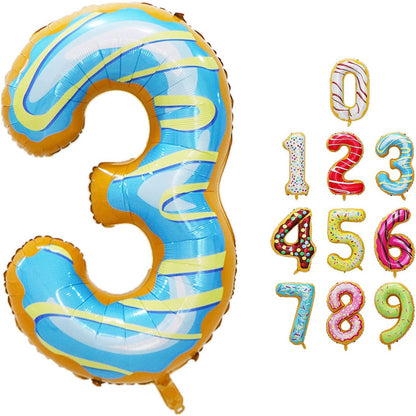Balon din Folie Metalizata, Figurina Cifra, Imprimeu Gogosi, Tema Aniversare 100 cm, Ambalaj Individual, Pai inclus, Umflare cu Aer sau Heliu, Multicolor, Cifra 3
