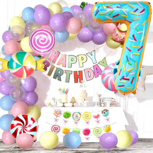 Balon din Folie Metalizata, Figurina Cifra, Imprimeu Gogosi, Tema Aniversare 100 cm, Ambalaj Individual, Pai inclus, Umflare cu Aer sau Heliu, Multicolor, Cifra 7