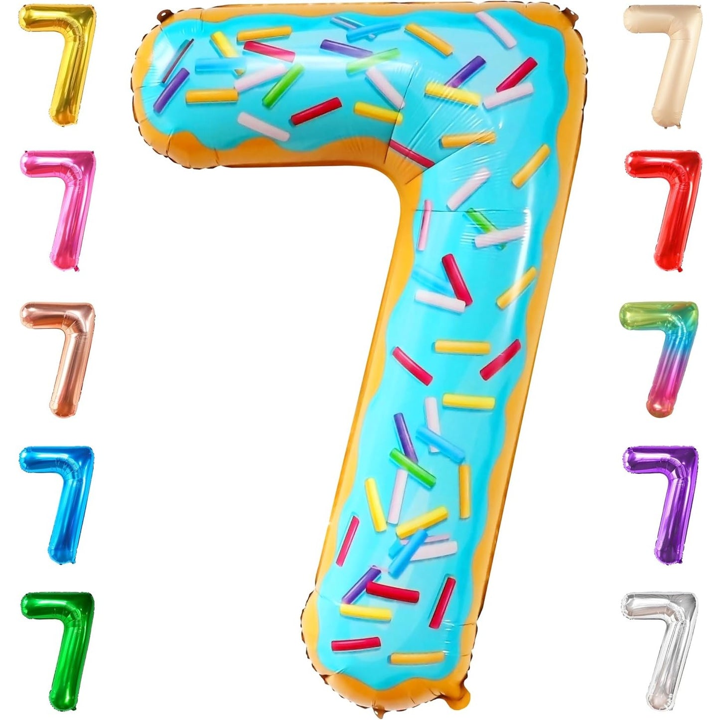 Balon din Folie Metalizata, Figurina Cifra, Imprimeu Gogosi, Tema Aniversare 100 cm, Ambalaj Individual, Pai inclus, Umflare cu Aer sau Heliu, Multicolor, Cifra 7