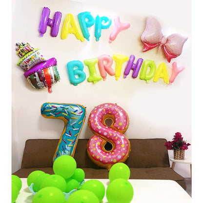 Balon din Folie Metalizata, Figurina Cifra, Imprimeu Gogosi, Tema Aniversare 100 cm, Ambalaj Individual, Pai inclus, Umflare cu Aer sau Heliu, Multicolor, Cifra 7
