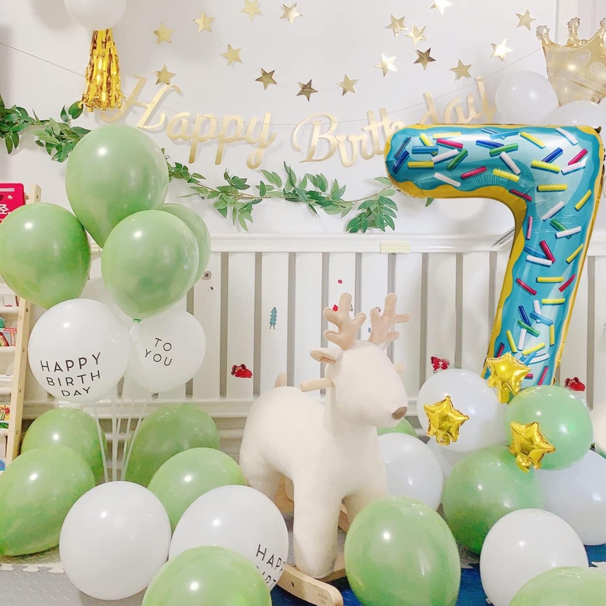Balon din Folie Metalizata, Figurina Cifra, Imprimeu Gogosi, Tema Aniversare 100 cm, Ambalaj Individual, Pai inclus, Umflare cu Aer sau Heliu, Multicolor, Cifra 7