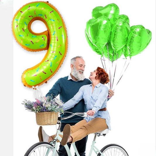 Balon din Folie Metalizata, Figurina Cifra, Imprimeu Gogosi, Tema Aniversare 100 cm, Ambalaj Individual, Pai inclus, Umflare cu Aer sau Heliu, Multicolor, Cifra 9