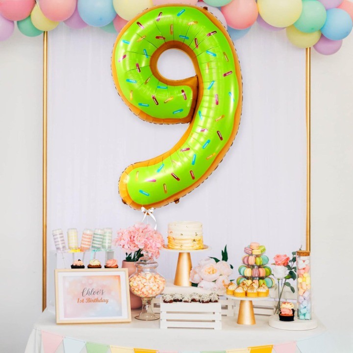 Balon din Folie Metalizata, Figurina Cifra, Imprimeu Gogosi, Tema Aniversare 100 cm, Ambalaj Individual, Pai inclus, Umflare cu Aer sau Heliu, Multicolor, Cifra 9