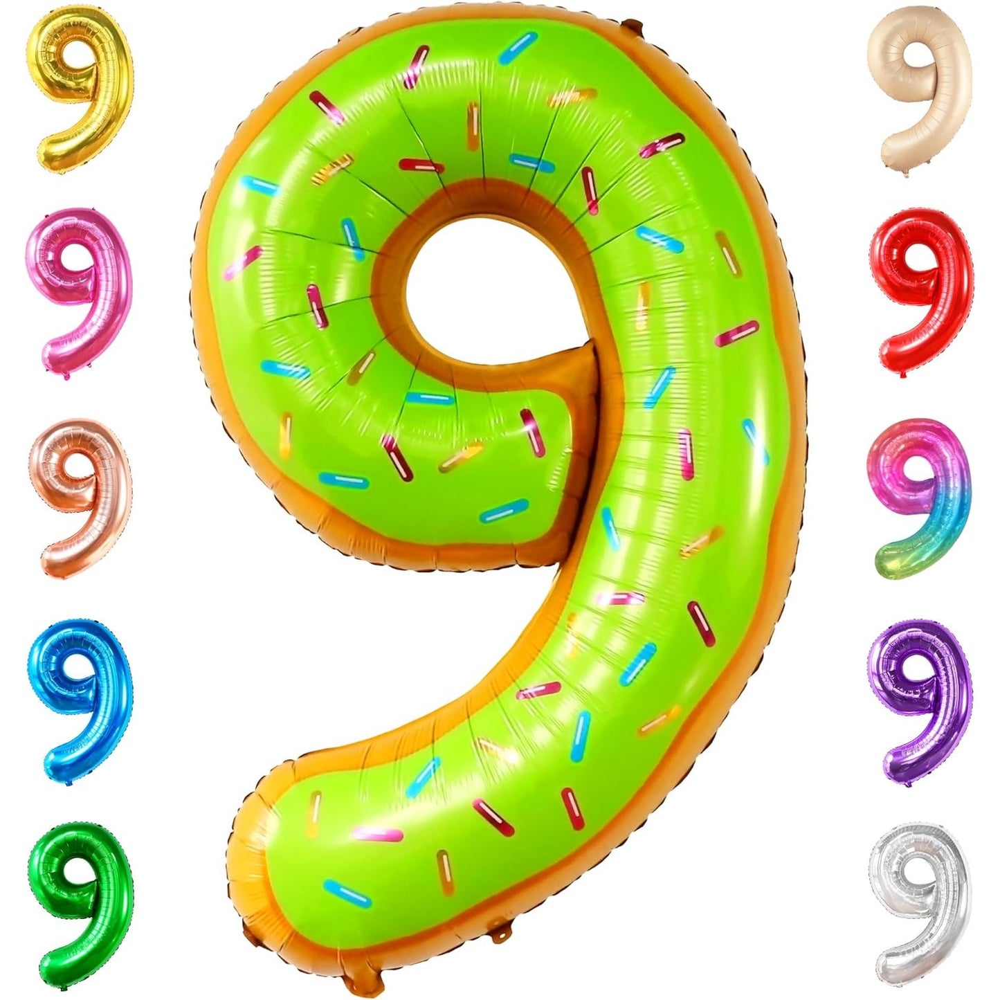 Balon din Folie Metalizata, Figurina Cifra, Imprimeu Gogosi, Tema Aniversare 100 cm, Ambalaj Individual, Pai inclus, Umflare cu Aer sau Heliu, Multicolor, Cifra 9