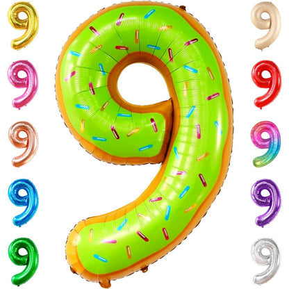 Balon din Folie Metalizata, Figurina Cifra, Imprimeu Gogosi, Tema Aniversare 100 cm, Ambalaj Individual, Pai inclus, Umflare cu Aer sau Heliu, Multicolor, Cifra 9