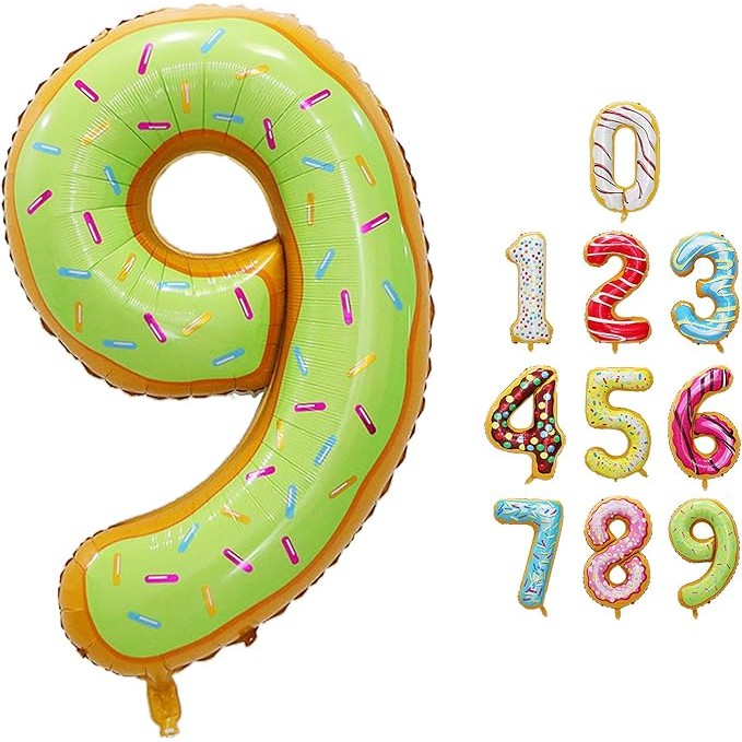 Balon din Folie Metalizata, Figurina Cifra, Imprimeu Gogosi, Tema Aniversare 100 cm, Ambalaj Individual, Pai inclus, Umflare cu Aer sau Heliu, Multicolor, Cifra 9