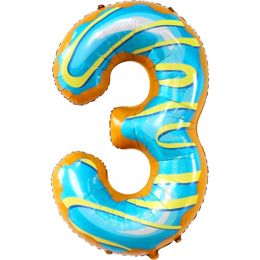 Balon din Folie Metalizata, Figurina Cifra, Imprimeu Gogosi, Tema Aniversare 100 cm, Ambalaj Individual, Pai inclus, Umflare cu Aer sau Heliu, Multicolor, Cifra 3