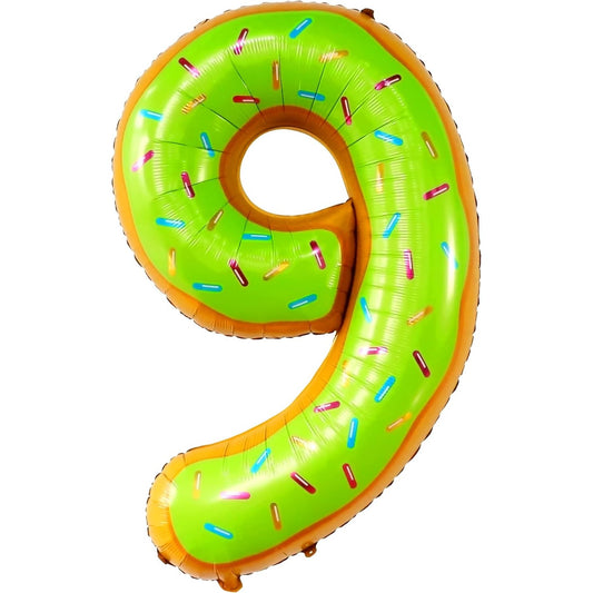 Balon din Folie Metalizata, Figurina Cifra, Imprimeu Gogosi, Tema Aniversare 100 cm, Ambalaj Individual, Pai inclus, Umflare cu Aer sau Heliu, Multicolor, Cifra 9