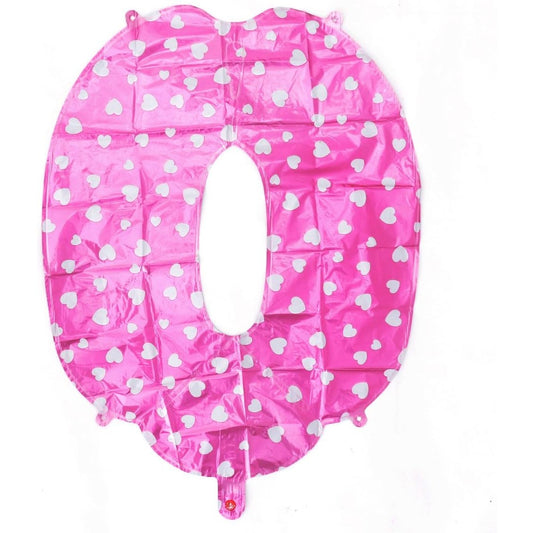Balon din Folie Metalizata, Figurina Cifra, Imprimeu Inimi, Tema Aniversare 80 cm, Ambalaj Individual, Pai inclus, Umflare cu Aer sau Heliu, Roz, Cifra 0
