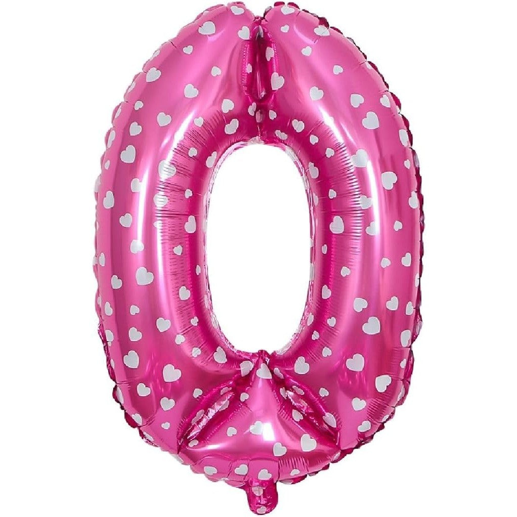 Balon din Folie Metalizata, Figurina Cifra, Imprimeu Inimi, Tema Aniversare 80 cm, Ambalaj Individual, Pai inclus, Umflare cu Aer sau Heliu, Roz, Cifra 0