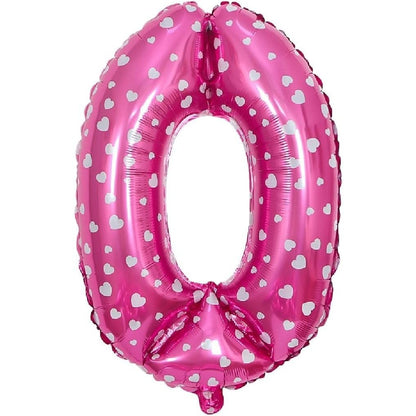 Balon din Folie Metalizata, Figurina Cifra, Imprimeu Inimi, Tema Aniversare 80 cm, Ambalaj Individual, Pai inclus, Umflare cu Aer sau Heliu, Roz, Cifra 0