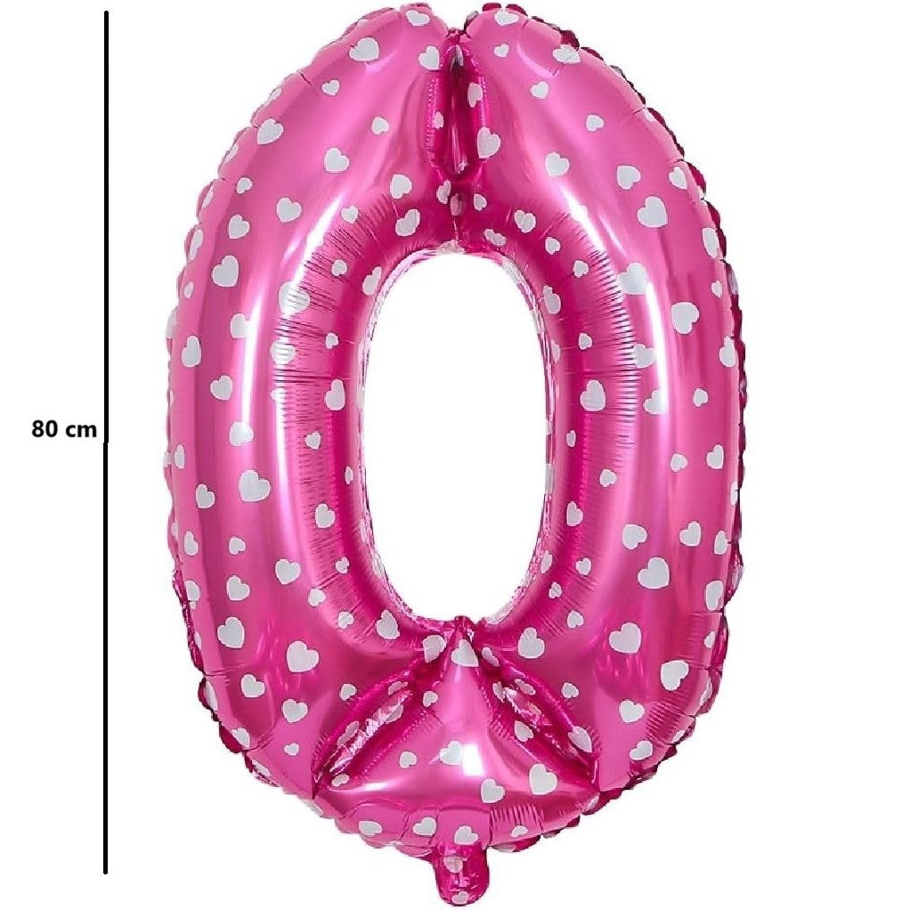 Balon din Folie Metalizata, Figurina Cifra, Imprimeu Inimi, Tema Aniversare 80 cm, Ambalaj Individual, Pai inclus, Umflare cu Aer sau Heliu, Roz, Cifra 0