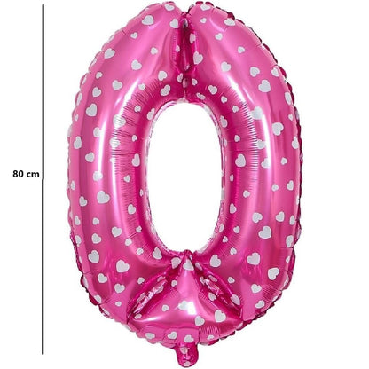 Balon din Folie Metalizata, Figurina Cifra, Imprimeu Inimi, Tema Aniversare 80 cm, Ambalaj Individual, Pai inclus, Umflare cu Aer sau Heliu, Roz, Cifra 0