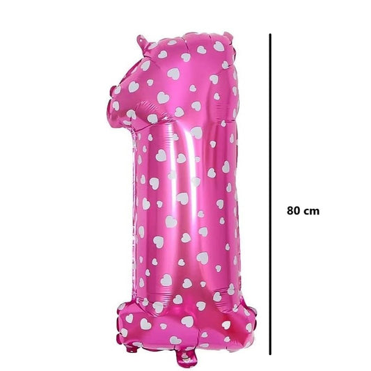 Balon din Folie Metalizata, Figurina Cifra, Imprimeu Inimi, Tema Aniversare 80 cm, Ambalaj Individual, Pai inclus, Umflare cu Aer sau Heliu, Roz, Cifra 1