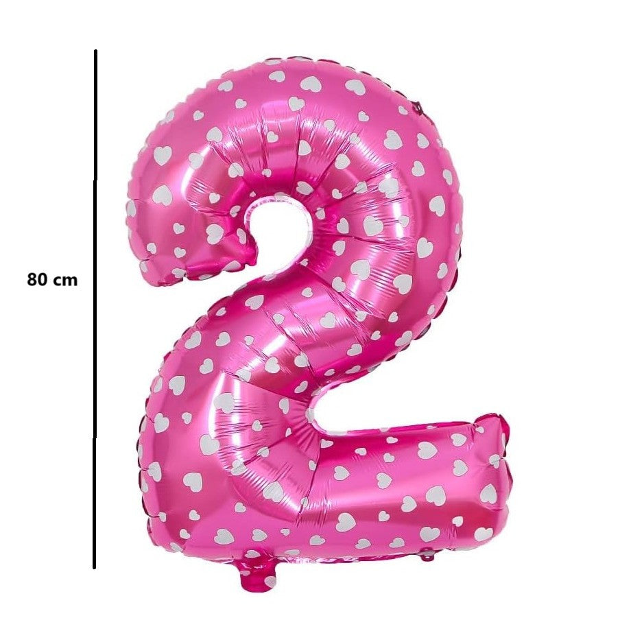 Balon din Folie Metalizata, Figurina Cifra, Imprimeu Inimi, Tema Aniversare 80 cm, Ambalaj Individual, Pai inclus, Umflare cu Aer sau Heliu, Roz, Cifra 2