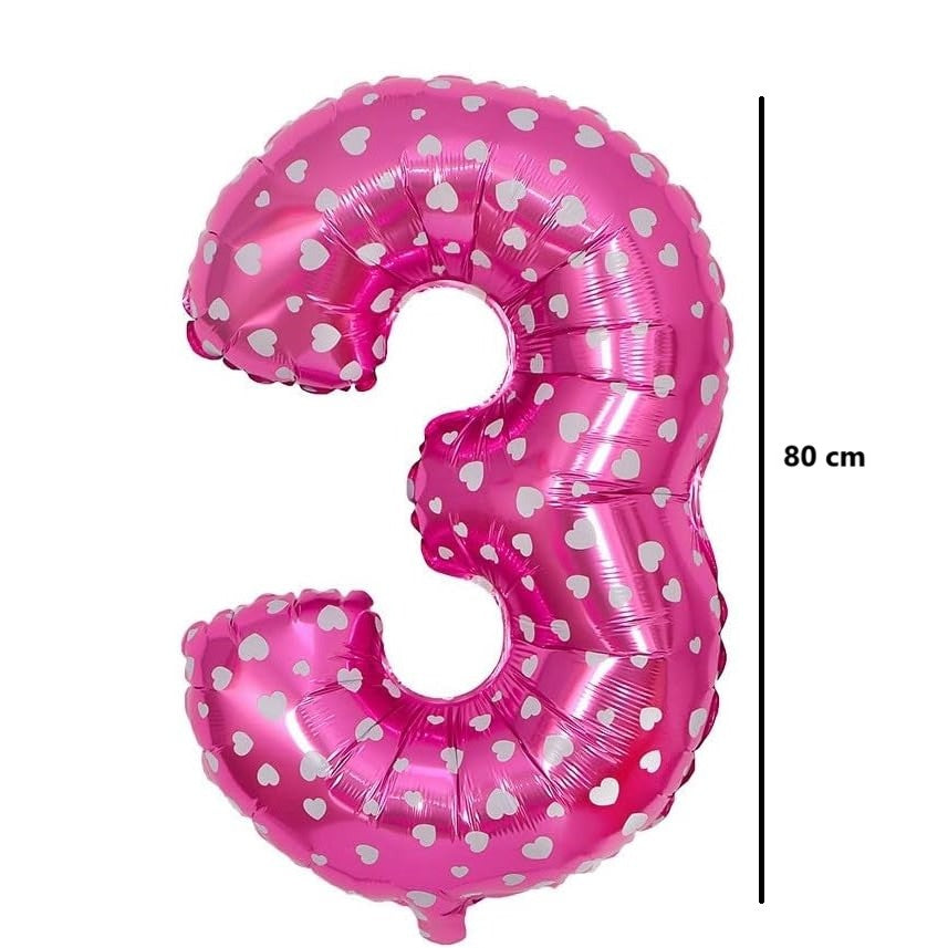 Balon din Folie Metalizata, Figurina Cifra, Imprimeu Inimi, Tema Aniversare 80 cm, Ambalaj Individual, Pai inclus, Umflare cu Aer sau Heliu, Roz, Cifra 3