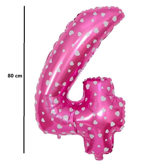 Balon din Folie Metalizata, Figurina Cifra, Imprimeu Inimi, Tema Aniversare 80 cm, Ambalaj Individual, Pai inclus, Umflare cu Aer sau Heliu, Roz, Cifra 4