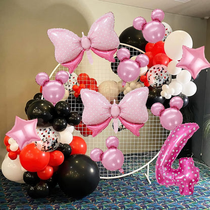 Balon din Folie Metalizata, Figurina Cifra, Imprimeu Inimi, Tema Aniversare 80 cm, Ambalaj Individual, Pai inclus, Umflare cu Aer sau Heliu, Roz, Cifra 4