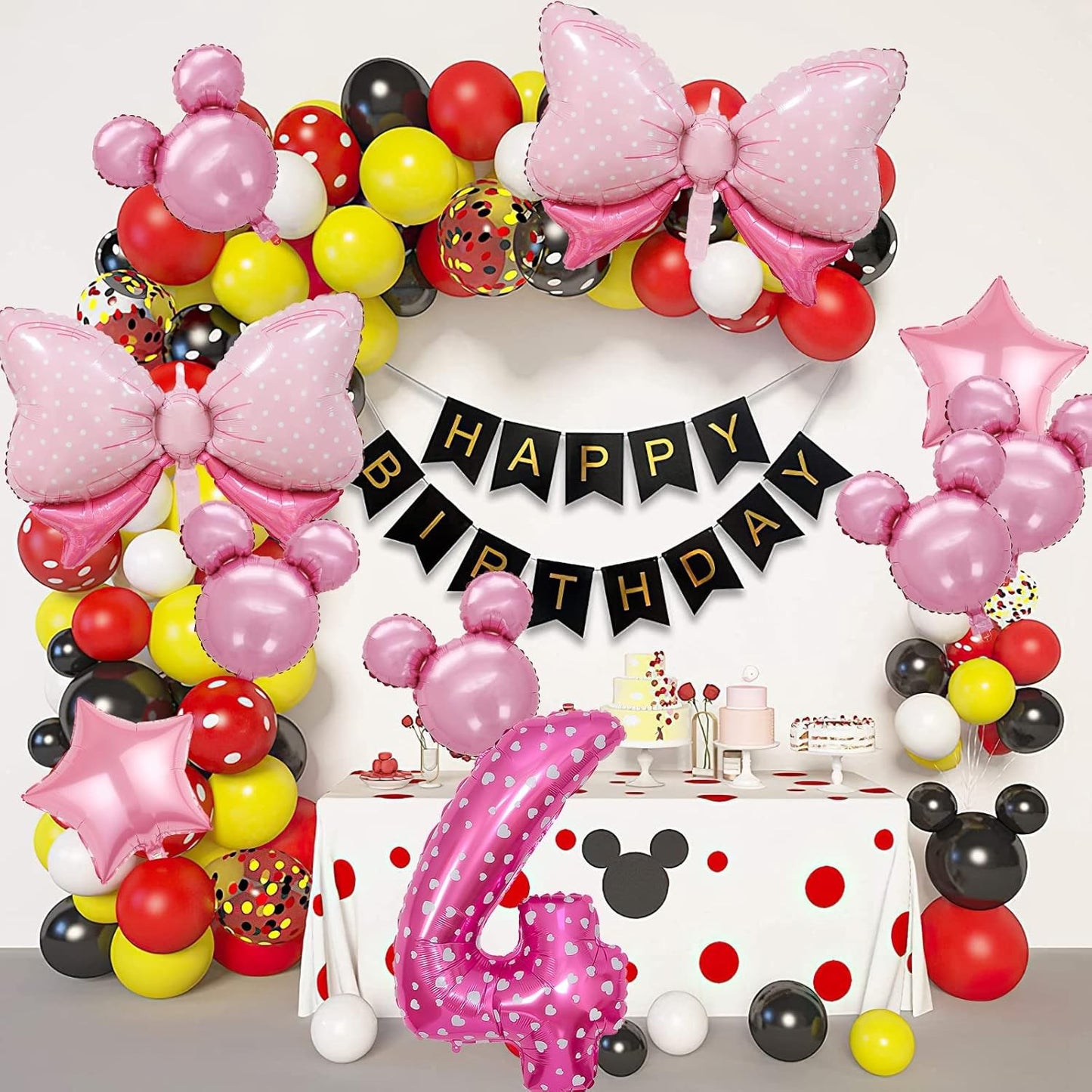 Balon din Folie Metalizata, Figurina Cifra, Imprimeu Inimi, Tema Aniversare 80 cm, Ambalaj Individual, Pai inclus, Umflare cu Aer sau Heliu, Roz, Cifra 4