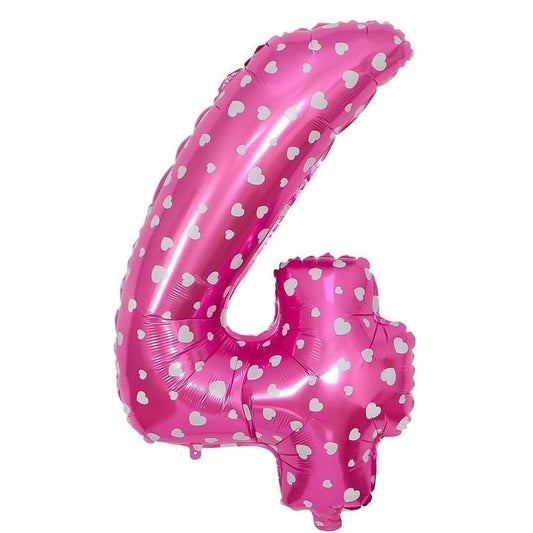 Balon din Folie Metalizata, Figurina Cifra, Imprimeu Inimi, Tema Aniversare 80 cm, Ambalaj Individual, Pai inclus, Umflare cu Aer sau Heliu, Roz, Cifra 4