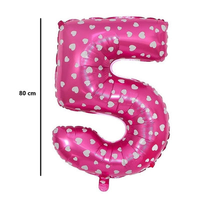 Balon din Folie Metalizata, Figurina Cifra, Imprimeu Inimi, Tema Aniversare 80 cm, Ambalaj Individual, Pai inclus, Umflare cu Aer sau Heliu, Roz, Cifra 5
