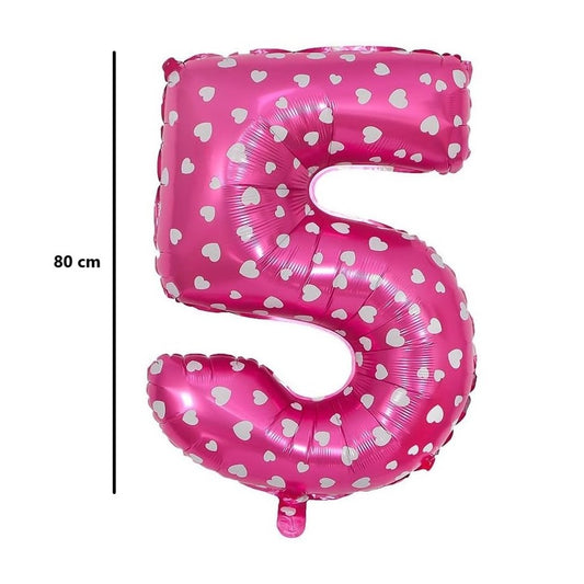 Balon din Folie Metalizata, Figurina Cifra, Imprimeu Inimi, Tema Aniversare 80 cm, Ambalaj Individual, Pai inclus, Umflare cu Aer sau Heliu, Roz, Cifra 5