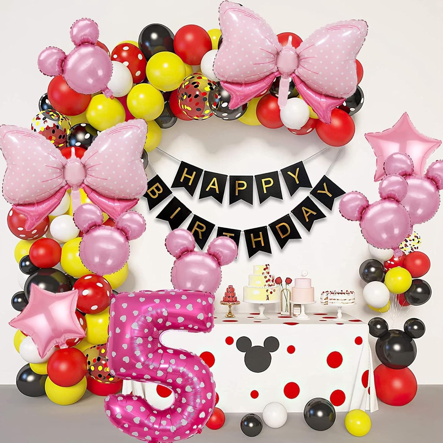 Balon din Folie Metalizata, Figurina Cifra, Imprimeu Inimi, Tema Aniversare 80 cm, Ambalaj Individual, Pai inclus, Umflare cu Aer sau Heliu, Roz, Cifra 5