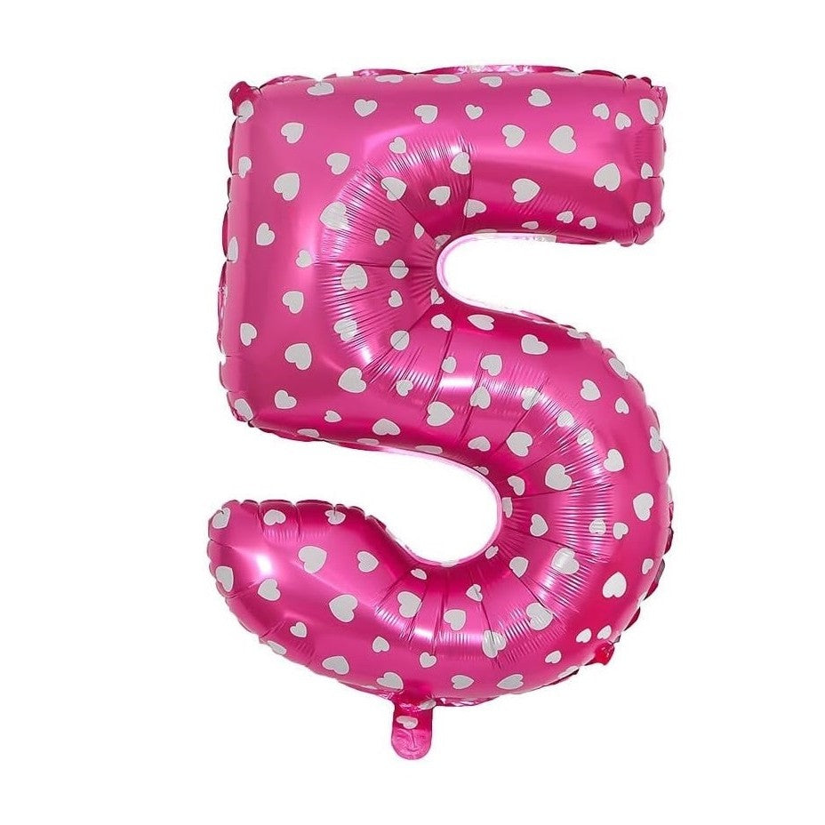 Balon din Folie Metalizata, Figurina Cifra, Imprimeu Inimi, Tema Aniversare 80 cm, Ambalaj Individual, Pai inclus, Umflare cu Aer sau Heliu, Roz, Cifra 5