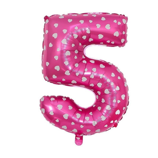 Balon din Folie Metalizata, Figurina Cifra, Imprimeu Inimi, Tema Aniversare 80 cm, Ambalaj Individual, Pai inclus, Umflare cu Aer sau Heliu, Roz, Cifra 5