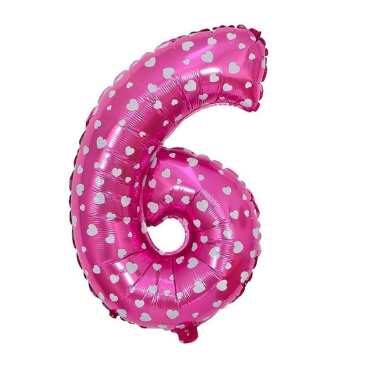Balon din Folie Metalizata, Figurina Cifra, Imprimeu Inimi, Tema Aniversare 80 cm, Ambalaj Individual, Pai inclus, Umflare cu Aer sau Heliu, Roz, Cifra 6