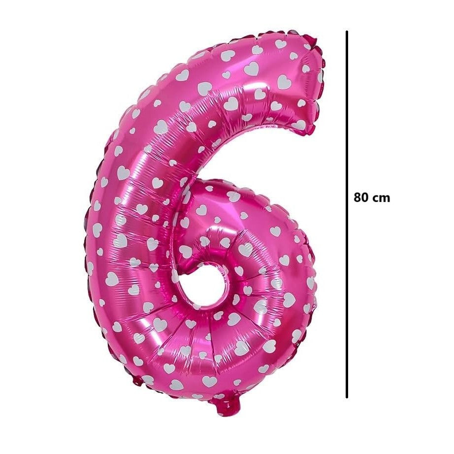 Balon din Folie Metalizata, Figurina Cifra, Imprimeu Inimi, Tema Aniversare 80 cm, Ambalaj Individual, Pai inclus, Umflare cu Aer sau Heliu, Roz, Cifra 6
