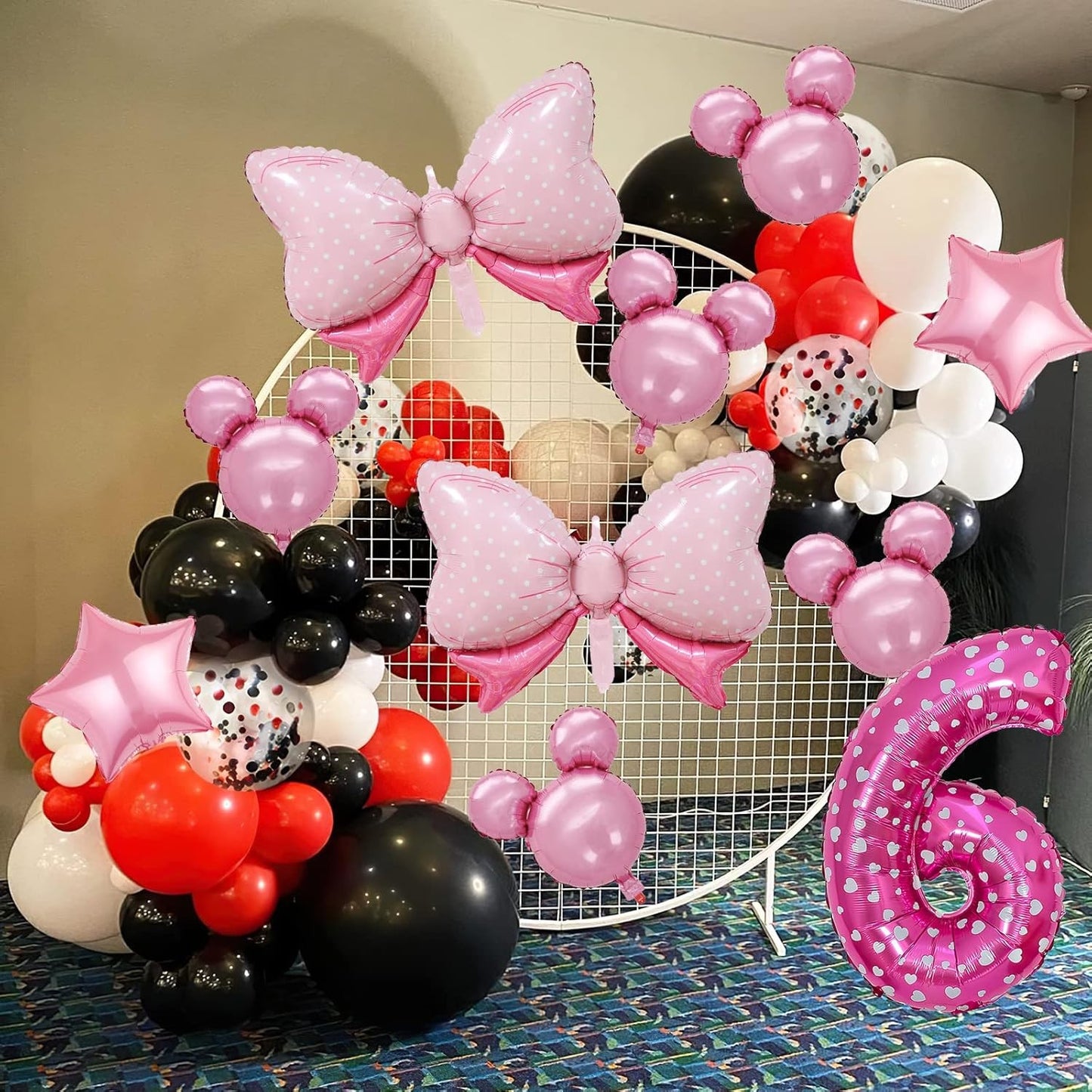 Balon din Folie Metalizata, Figurina Cifra, Imprimeu Inimi, Tema Aniversare 80 cm, Ambalaj Individual, Pai inclus, Umflare cu Aer sau Heliu, Roz, Cifra 6