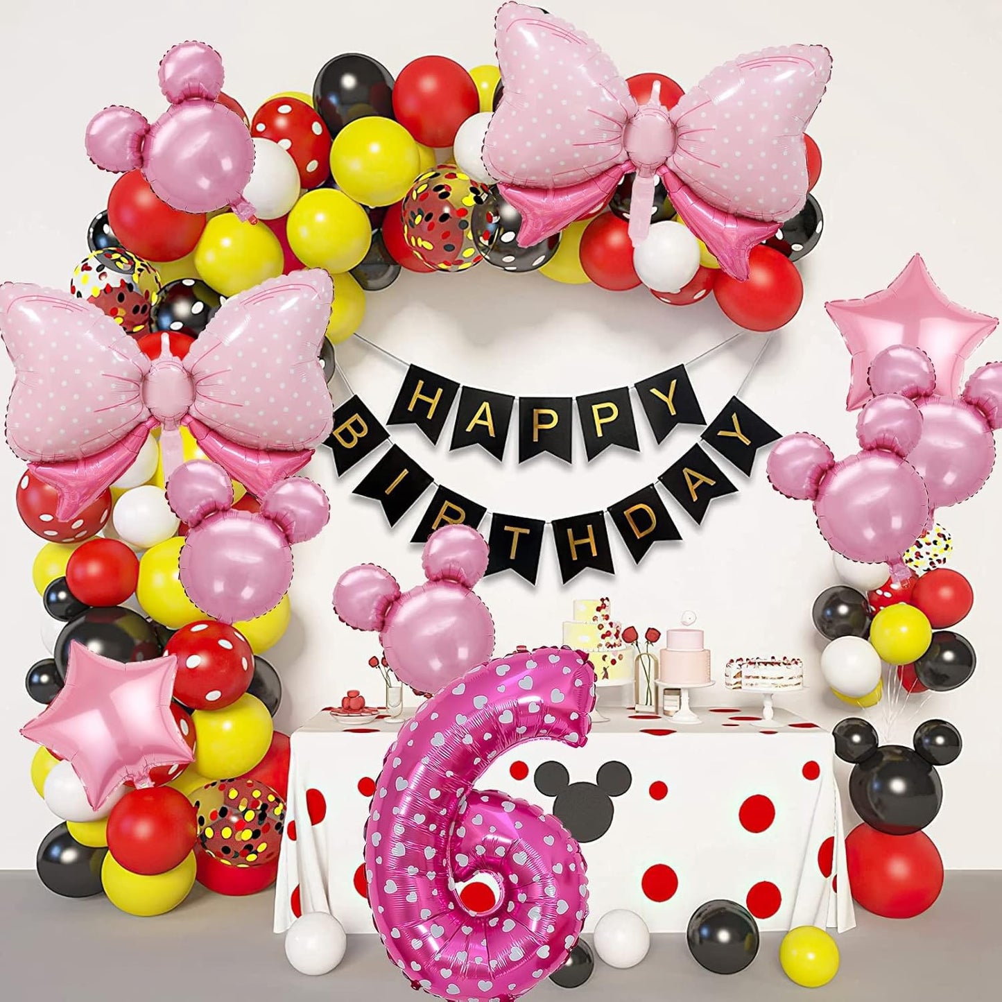 Balon din Folie Metalizata, Figurina Cifra, Imprimeu Inimi, Tema Aniversare 80 cm, Ambalaj Individual, Pai inclus, Umflare cu Aer sau Heliu, Roz, Cifra 6