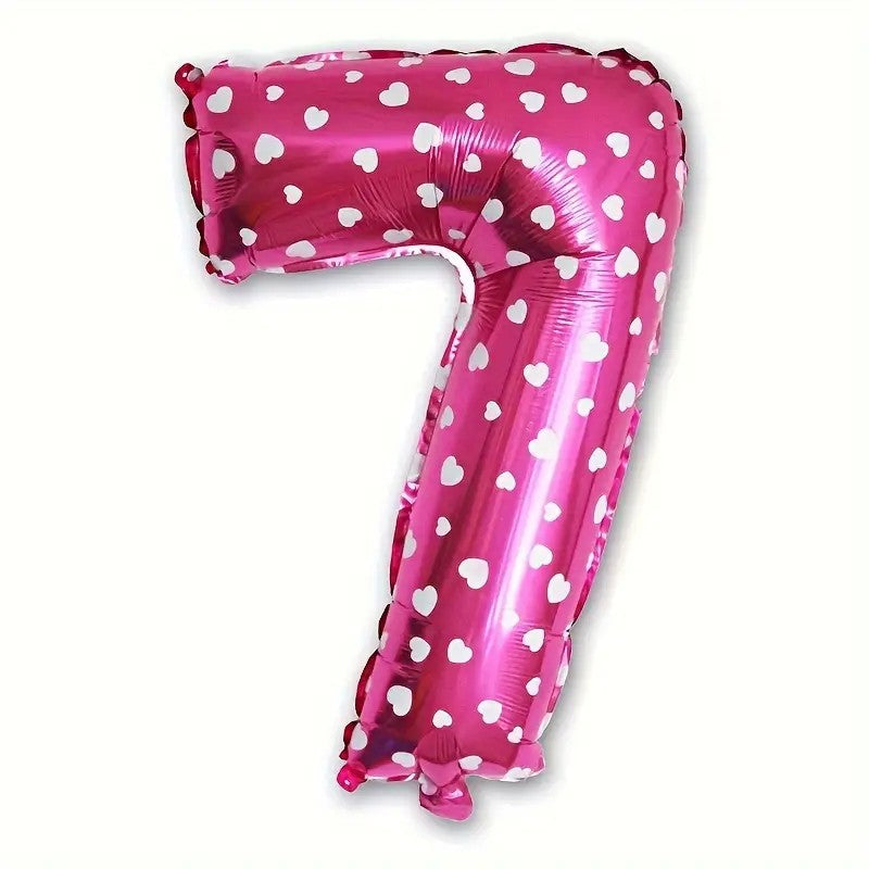 Balon din Folie Metalizata, Figurina Cifra, Imprimeu Inimi, Tema Aniversare 80 cm, Ambalaj Individual, Pai inclus, Umflare cu Aer sau Heliu, Roz, Cifra 7