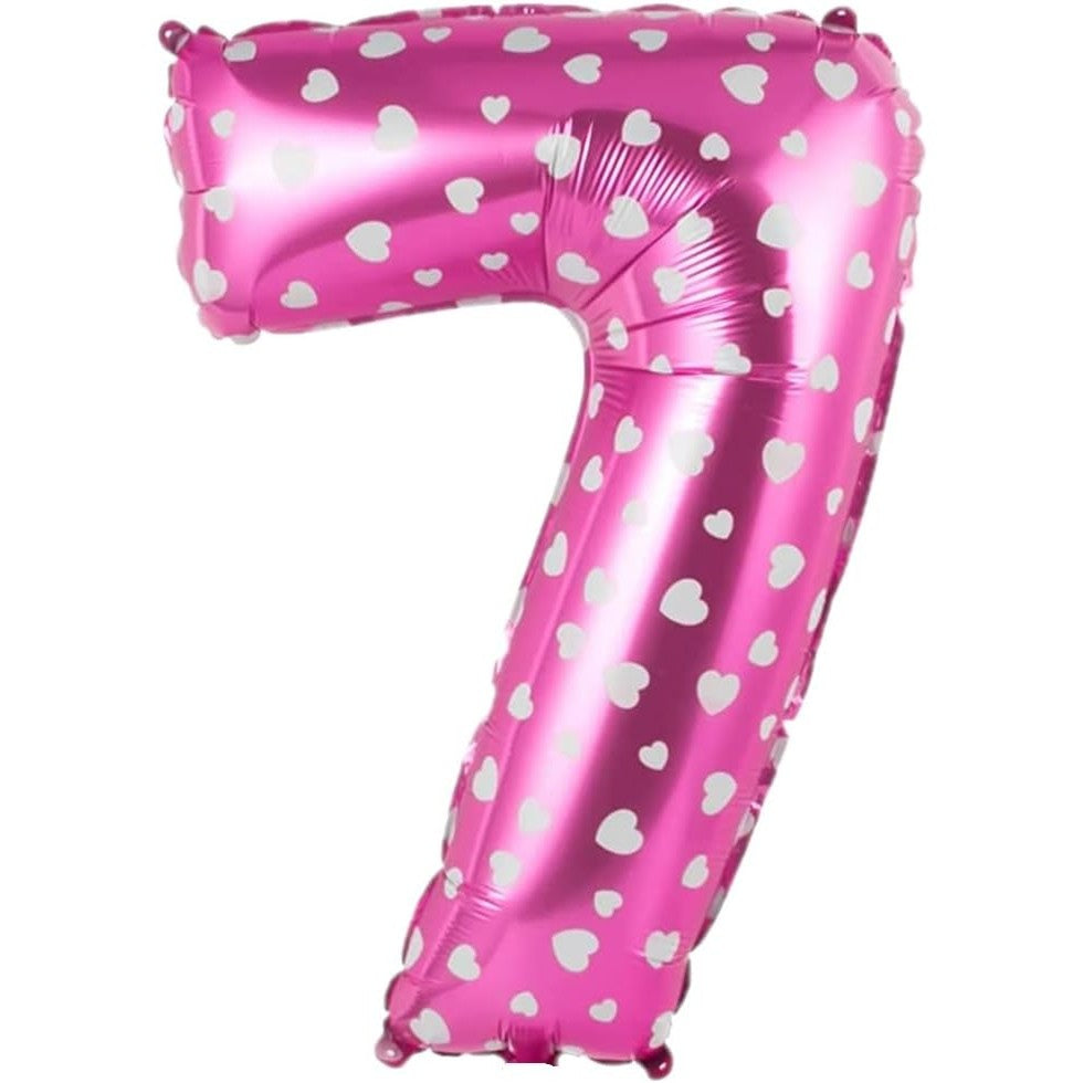 Balon din Folie Metalizata, Figurina Cifra, Imprimeu Inimi, Tema Aniversare 80 cm, Ambalaj Individual, Pai inclus, Umflare cu Aer sau Heliu, Roz, Cifra 7