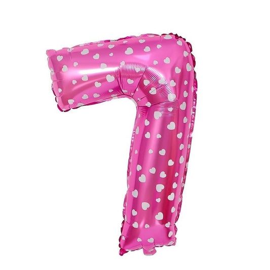 Balon din Folie Metalizata, Figurina Cifra, Imprimeu Inimi, Tema Aniversare 80 cm, Ambalaj Individual, Pai inclus, Umflare cu Aer sau Heliu, Roz, Cifra 7