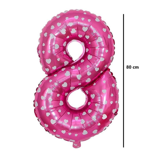 Balon din Folie Metalizata, Figurina Cifra, Imprimeu Inimi, Tema Aniversare 80 cm, Ambalaj Individual, Pai inclus, Umflare cu Aer sau Heliu, Roz, Cifra 8