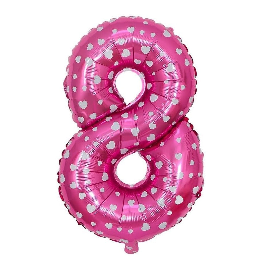 Balon din Folie Metalizata, Figurina Cifra, Imprimeu Inimi, Tema Aniversare 80 cm, Ambalaj Individual, Pai inclus, Umflare cu Aer sau Heliu, Roz, Cifra 8