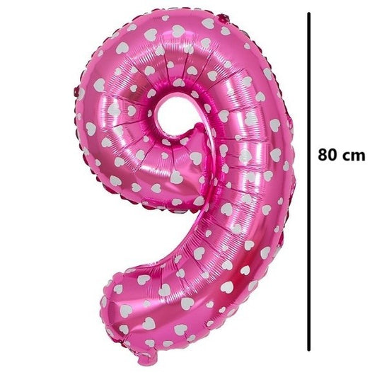 Balon din Folie Metalizata, Figurina Cifra, Imprimeu Inimi, Tema Aniversare 80 cm, Ambalaj Individual, Pai inclus, Umflare cu Aer sau Heliu, Roz, Cifra 9