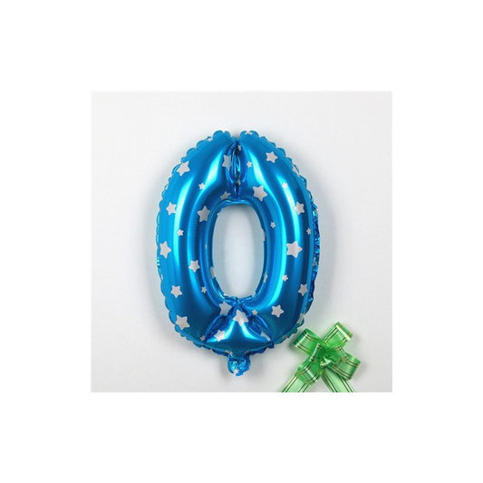 Balon din Folie Metalizata, Figurina Cifra, Imprimeu Stele, Tema Aniversare 80 cm, Ambalaj Individual, Pai inclus, Umflare cu Aer sau Heliu, Albastru, Cifra 0