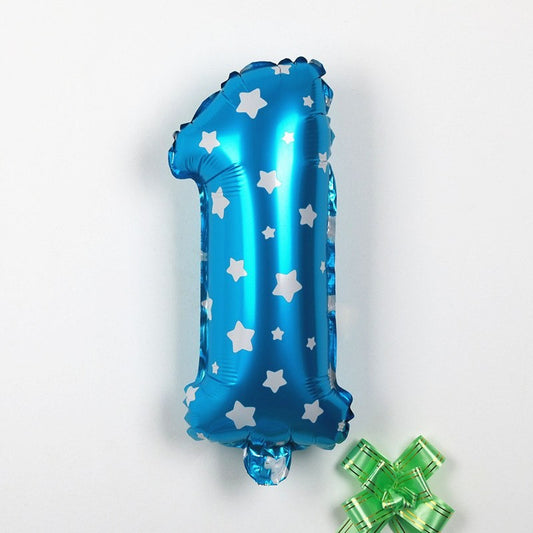 Balon din Folie Metalizata, Figurina Cifra, Imprimeu Stele, Tema Aniversare 80 cm, Ambalaj Individual, Pai inclus, Umflare cu Aer sau Heliu, Albastru, Cifra 1
