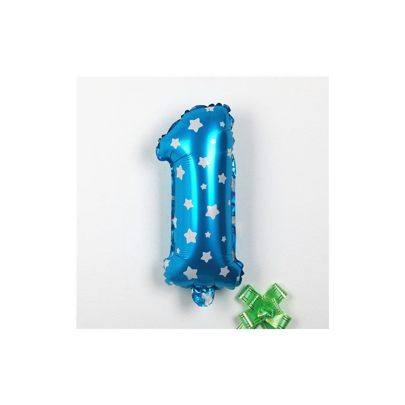 Balon din Folie Metalizata, Figurina Cifra, Imprimeu Stele, Tema Aniversare 80 cm, Ambalaj Individual, Pai inclus, Umflare cu Aer sau Heliu, Albastru, Cifra 1