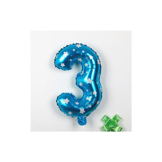 Balon din Folie Metalizata, Figurina Cifra, Imprimeu Stele, Tema Aniversare 80 cm, Ambalaj Individual, Pai inclus, Umflare cu Aer sau Heliu, Albastru, Cifra 3