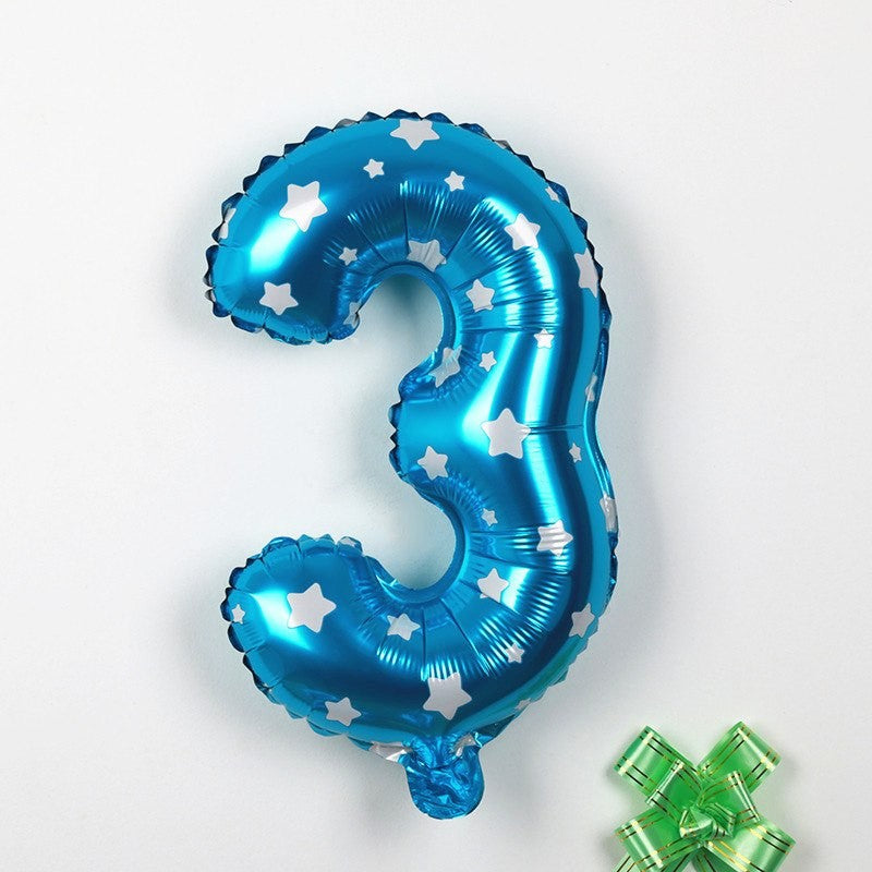 Balon din Folie Metalizata, Figurina Cifra, Imprimeu Stele, Tema Aniversare 80 cm, Ambalaj Individual, Pai inclus, Umflare cu Aer sau Heliu, Albastru, Cifra 3