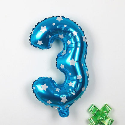 Balon din Folie Metalizata, Figurina Cifra, Imprimeu Stele, Tema Aniversare 80 cm, Ambalaj Individual, Pai inclus, Umflare cu Aer sau Heliu, Albastru, Cifra 3