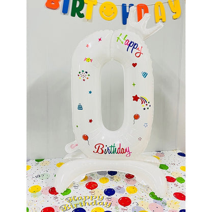 Balon din Folie Metalizata, Figurina Cifra, Model 0 cu Happy Birthday Scris, Tema Aniversare 81 cm, Ambalaj Individual, Pai Inclus, Umflare cu Aer sau Heliu, Alb