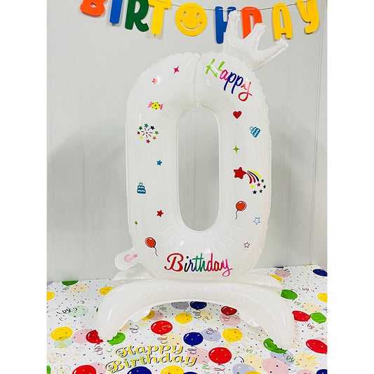 Balon din Folie Metalizata, Figurina Cifra, Model 0 cu Happy Birthday Scris, Tema Aniversare 81 cm, Ambalaj Individual, Pai Inclus, Umflare cu Aer sau Heliu, Alb