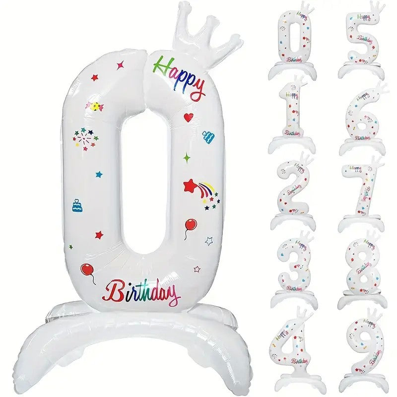 Balon din Folie Metalizata, Figurina Cifra, Model 0 cu Happy Birthday Scris, Tema Aniversare 81 cm, Ambalaj Individual, Pai Inclus, Umflare cu Aer sau Heliu, Alb