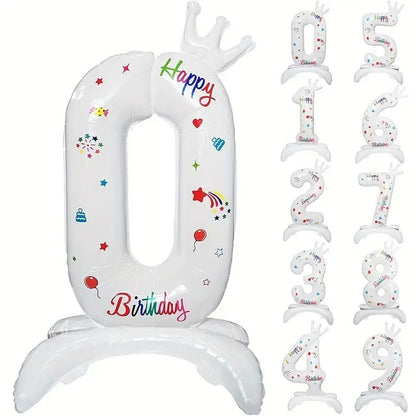 Balon din Folie Metalizata, Figurina Cifra, Model 0 cu Happy Birthday Scris, Tema Aniversare 81 cm, Ambalaj Individual, Pai Inclus, Umflare cu Aer sau Heliu, Alb