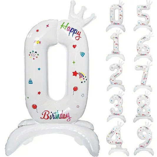 Balon din Folie Metalizata, Figurina Cifra, Model 0 cu Happy Birthday Scris, Tema Aniversare 81 cm, Ambalaj Individual, Pai Inclus, Umflare cu Aer sau Heliu, Alb